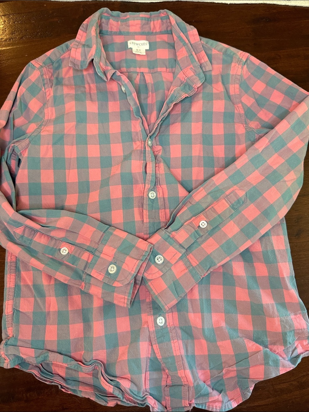 Crewcuts Coral and Gray Plaid Button-Down Shirt